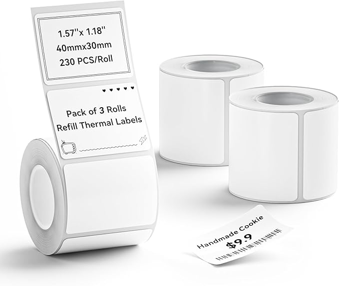 NIIMBOT 3 Rolls Set Label for B1/B21/B3S Label Printer, 1.57" x 1.18" (40×30 mm),Waterproof Labels for Mason Jar/Pantry Kitchen Organization (White