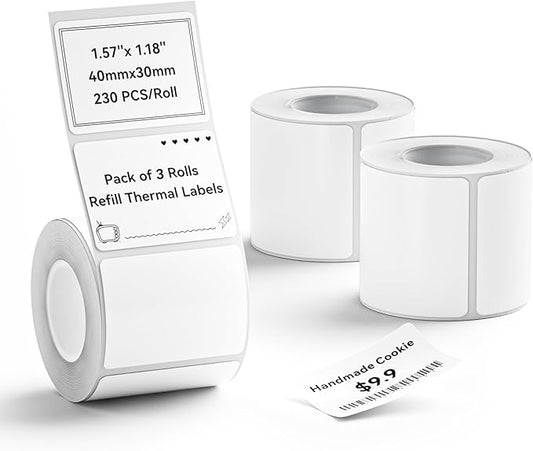 NIIMBOT 3 Rolls Set Label for B1/B21/B3S Label Printer, 1.57" x 1.18" (40×30 mm),Waterproof Labels for Mason Jar/Pantry Kitchen Organization (White