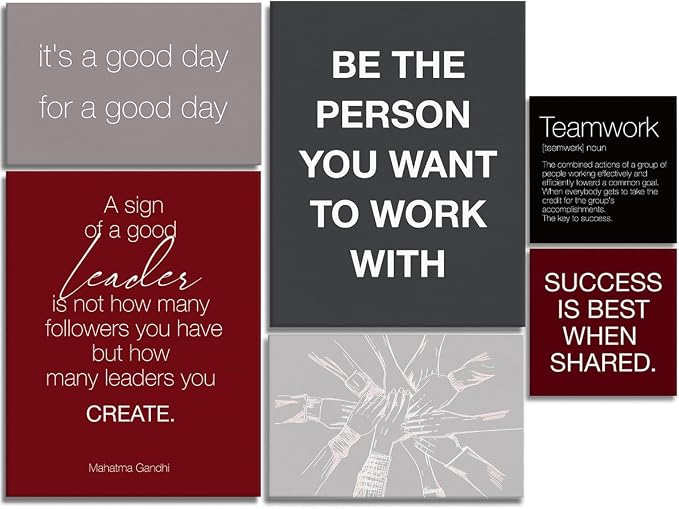 YEOION Red Grey Black Motivational Teamwork Office Wall Decor,Inspirational Team Work Wall Art Canvas Frame Artwork for Office Workplace Breakroom Wall Decor Set of 6