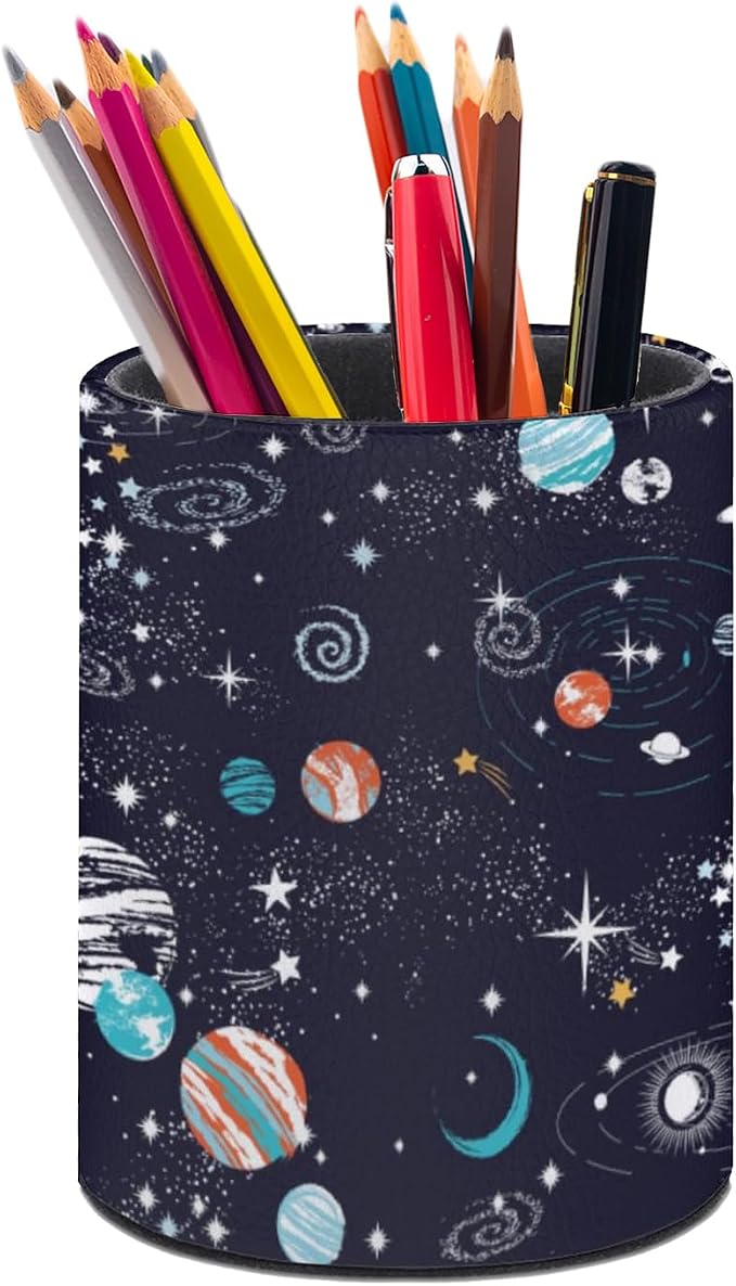 Galaxy Space Planets Pen Holder Pencil Cup for Desk Organizer | Cute Makeup Brush Holder PU Multifunctional Office Suppliesfor Decor Home Classroom School