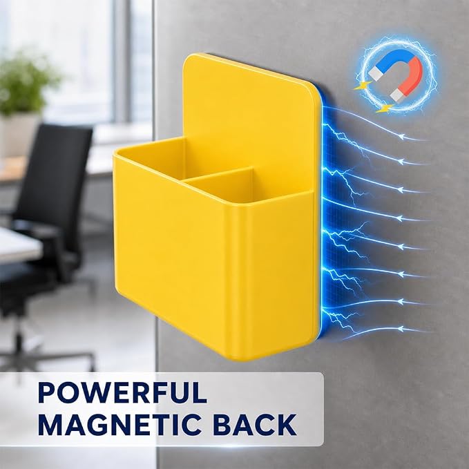 Magnetic Pencil Pen Holder, 2PCS Dry Erase Marker Holder for Whiteboard, Yellow Magnet Storage Pencil Cup Case Box Fridge Organizers Locker Accessories for Office School Classroom Teacher Must Haves