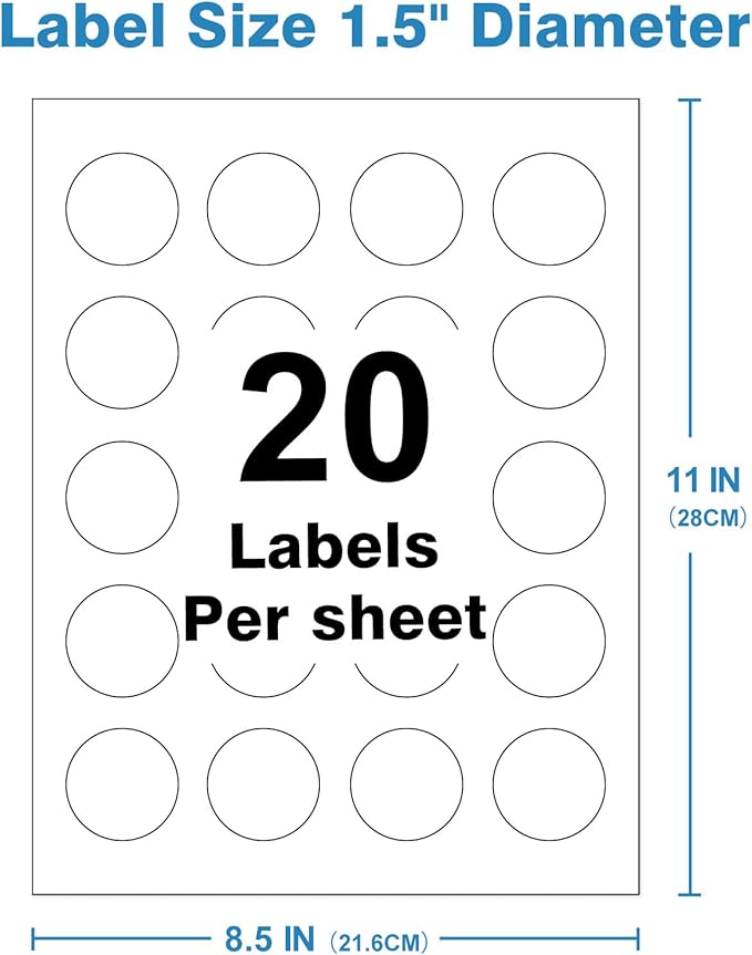 1.5" Circle Labels, Round Printable Stickers to Write On, Sticker Paper for Inkjet Printer, (20 Labels/Sheet), 30 Sheets