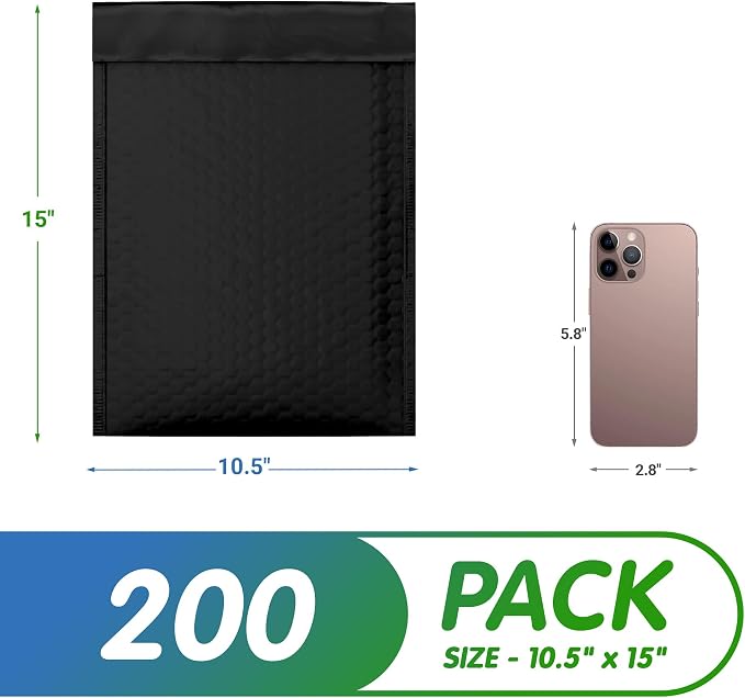 Glamour Metallic Bubble Mailers 10.5 x 15 Inches Matte Black, 200 Pack Padded Envelopes for Shipping, Mailing, Packaging Protection