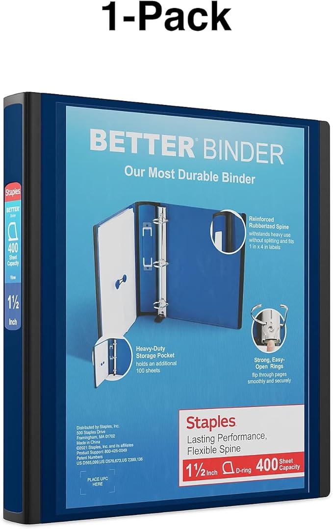 Staples Better View 1.5-Inch D-Ring Binder, Blue – Durable 3-Ring Binder with Clear Overlay for School & Office