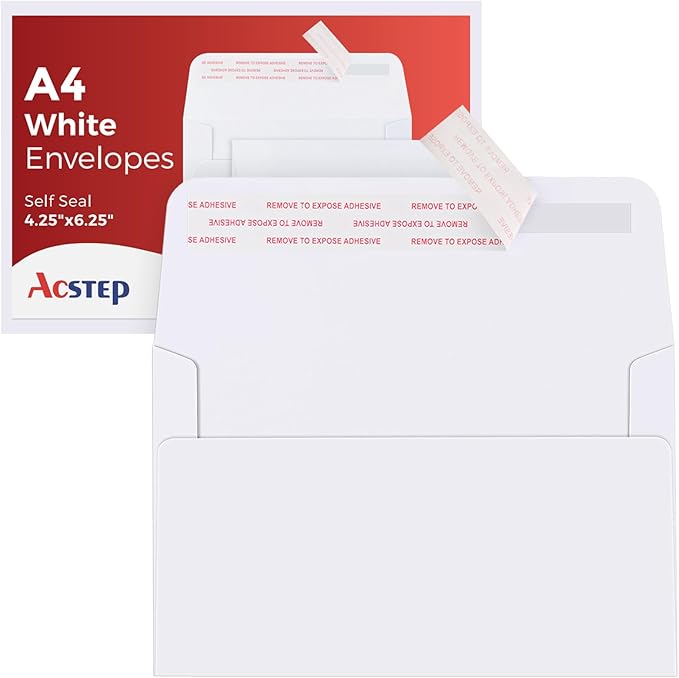 ACSTEP 100Pack A4 Envelopes 4-1/4 X6-1/4 Inch Self seal White 4 X 6 Envelopes For for Weddings, Invitations, Photos, Postcards, Greeting Cards Mailing,Baby Shower, Graduation