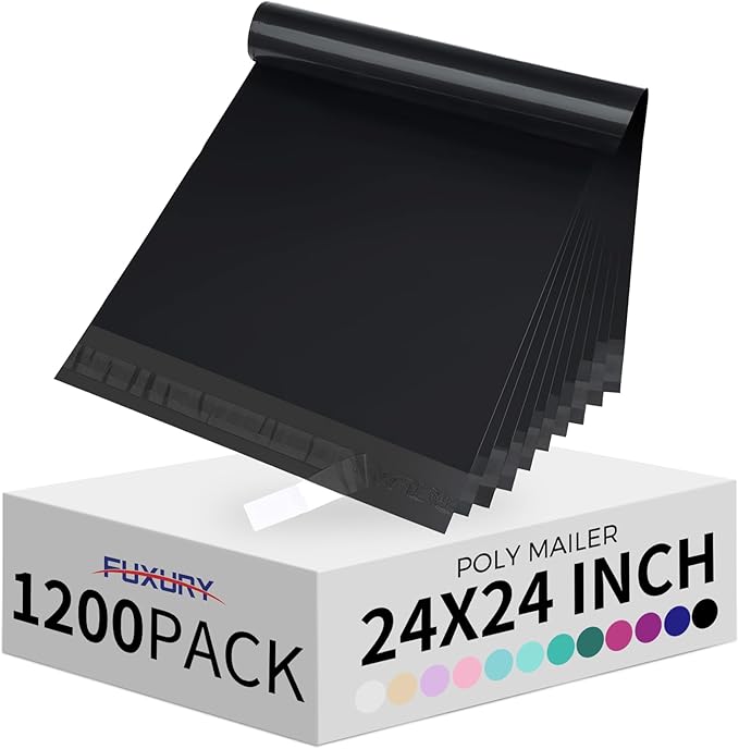 Fuxury 1200 Pcs 24x24" Poly Mailers,Waterproof Mailing Envelopes for Clothing, Strong Adhesive Poly Shipping Postage Bags for Small Business(Black)