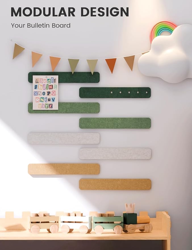 Fluxynara 13" x 2" Felt Wall Panels, Moss Glimmer | 8-Pack Includes 50 Push Pins and Adhesive Tabs for Photos, Notes and Decor in Bedroom Doors, Home Office or Studios