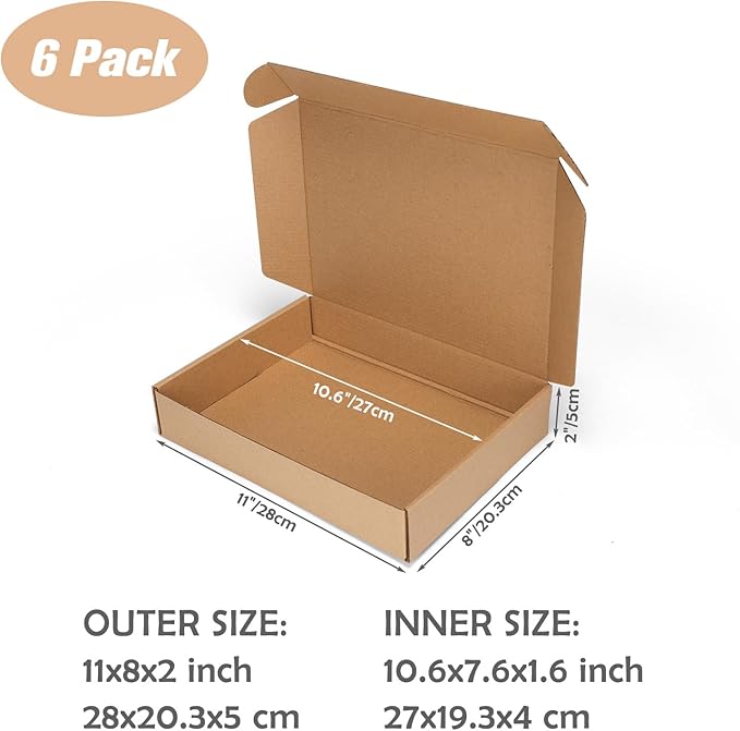 11x8x2 inch Shipping Boxes Set of 6 Brown, Inner Size 10.6x7.6x1.6 inch Cardboard Box Mailers for Small Business Packaging Mailing or Gift Wrapping Giving