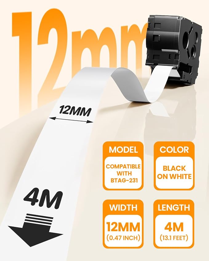 8-Pack Compatible with Brother Btag Label Tape Btag 231 12mm 0.47 White | P Touch Label Maker Tape Refills Compatible with Brother PT-N10 PT-N20 PT-N25BT, 12mm x 4m (1/2 in x13.1 ft), Black on White