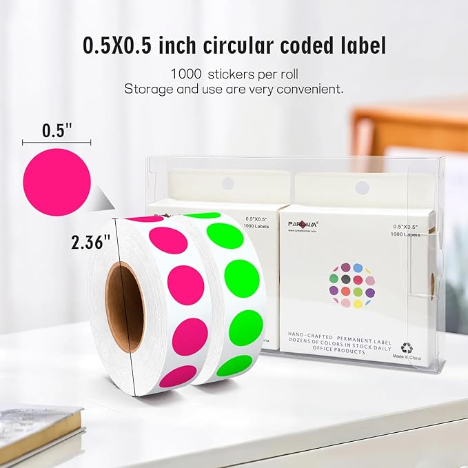 PARLAIM 1/2" Circle Dot Stickers 2 Rolls Pack 2000 Color Coded Labels for Home Commerce Business, Fluorescent Green + Fluorescent Pink