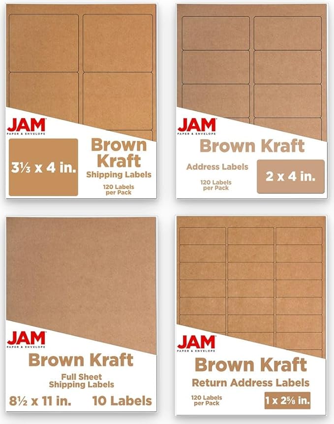 JAM PAPER Shipping & Mailing Address Labels - Multi Size Assortment - Brown Kraft - 370/Pack