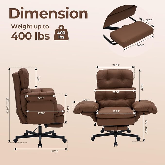 Criss Cross Office Chair with Foot Rest, Big and Tall Office Desk Chair with Flip Armrests for Pets & Cross Legged Sitting, Comfy Executive Ergonomic Reclining Computer Gaming Vanity Chair, Brown