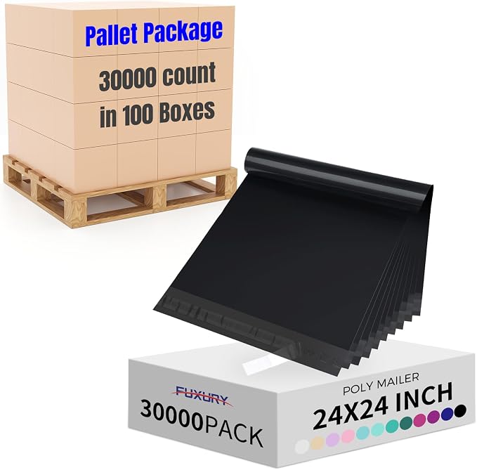 Fuxury 30000Pcs 24x24" Poly Mailers Pallet,Black Shipping Bags for Clothes | Heavy Duty Self Seal Mailing Envelopes,Strong Adhesive Packaging Mailers Poly Bag Large For Clothes Business
