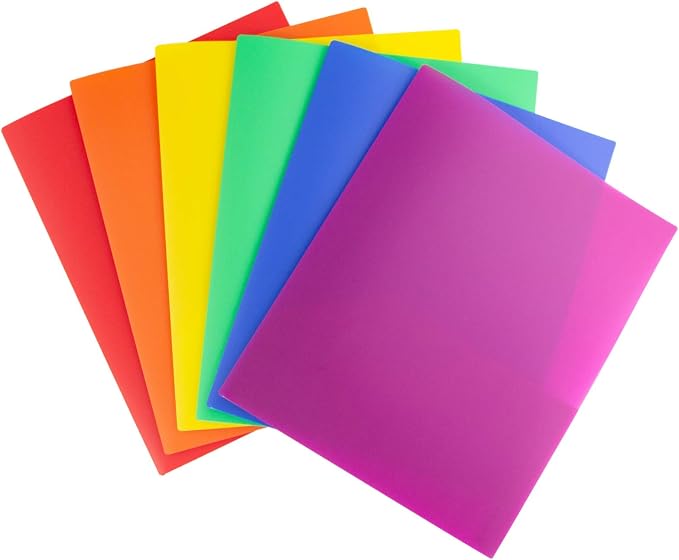 Dunwell Plastic 2-Pocket Folders (6 Pack, Assorted Colors), 8.5x11 Document Folders for School and Office, Heavy Duty Poly, Long Lasting, Includes Labels