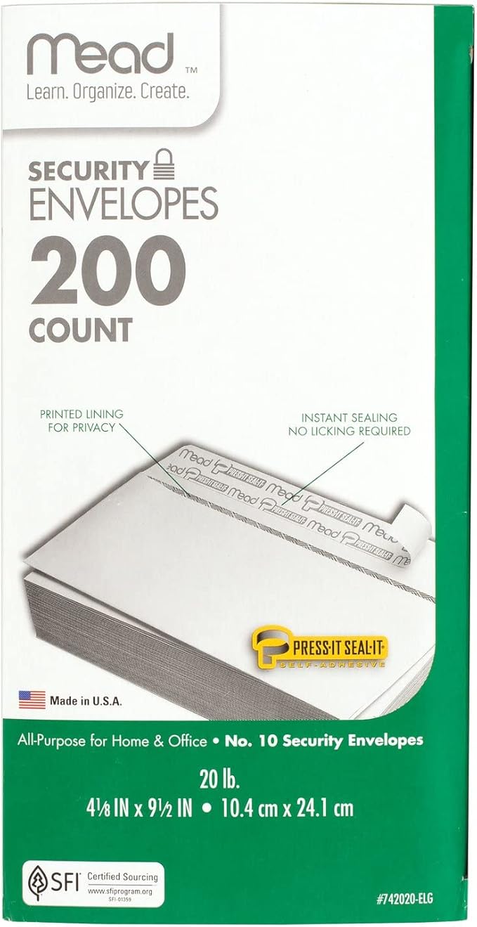 Mead #10 Security Business Envelopes Letter Size 4-1/8" x 9-1/2" – Peel and Seal, Privacy Lined, No-Window, Press-It Seal-It Self-Adhesive for Home & Office Mailing, 200 Count (742020)