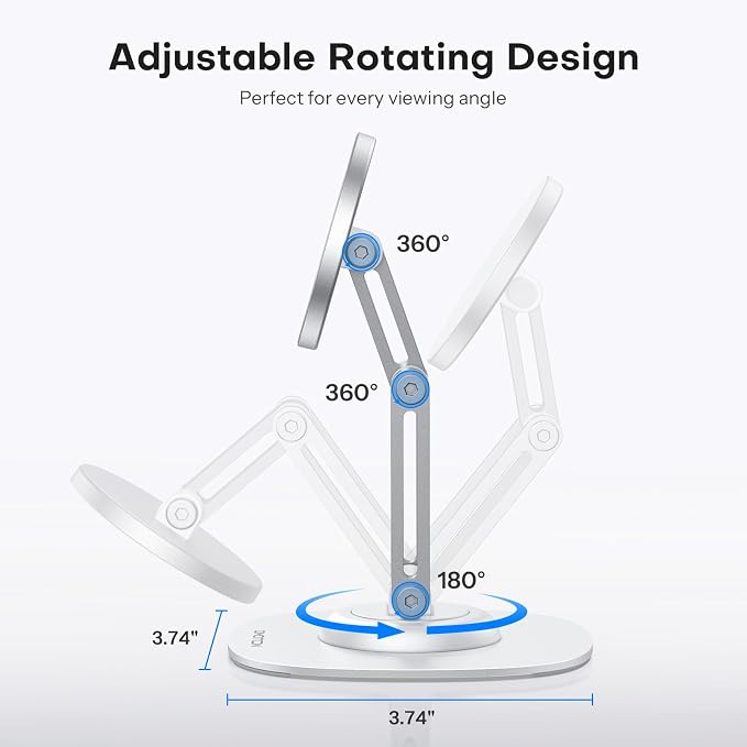 OMOTON MS04 [360° Rotating] Adjustable Magnetic Phone Stand for Desk, White | Foldable Aluminum for MagSafe Cell Phone Stand Holder with Non-Slip Base, for iPhone 17/16/15/14 Pro Max Air/MagSafe Case