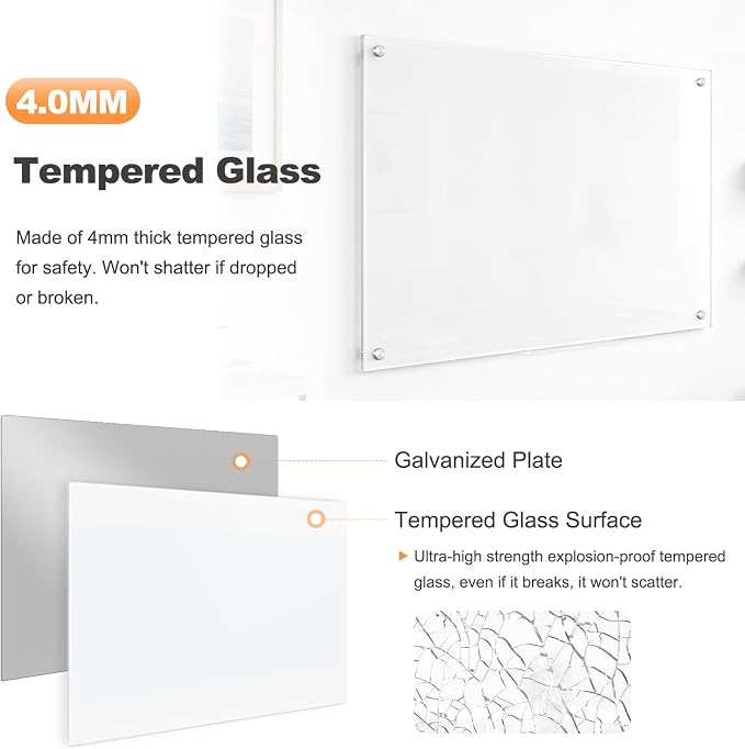 Glass Dry Erase Board, Magnetic Tempered Glass Whiteboard 24" x 18" (2'x1.5'), Ultra White