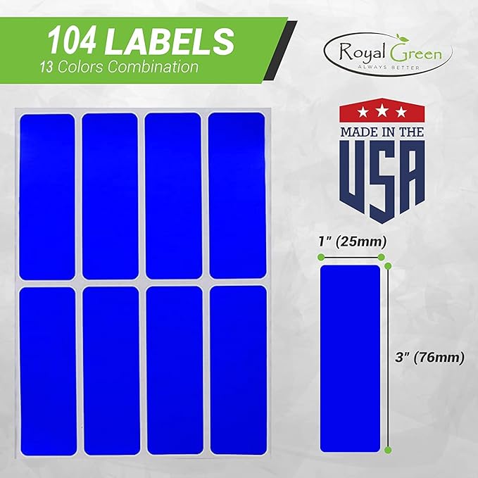 Royal Green Colored Label Sticker Rectangle in 13 Colors 1 x 3 inch writable Labels - 104 Pack