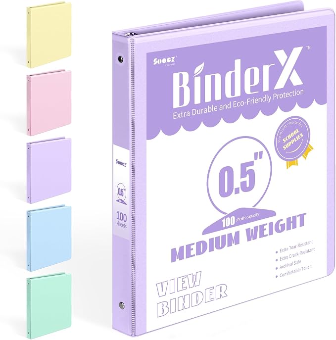 BinderX 3 Ring Binder 1/2 Inch, 0.5" Clear View Binder, Lavender, Letter | Extra Durable, PVC-Free, Customizable, Interior Pockets, 100-Sheet Capacity, Eco-Friendly, Reinforced Hinge, School, Office