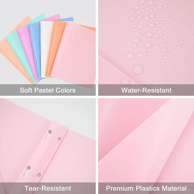 Two-Pocket-Folders with 3 Prongs, Letter Size Plastic Folders with Pockets and Prongs, Poly Plastic Folders for Office & School. 6 Pastel Colors (Pink - 6 Packs)