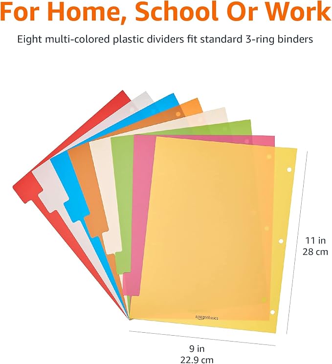 Amazon Basics 8-Tab Plastic Binder Dividers with Multicolor Tab Labels for 3 Ring Binder, Durable, 3-Hole Punched, for School, Office and Home Organization, Letter Size, Assorted Colors, 6-Pack