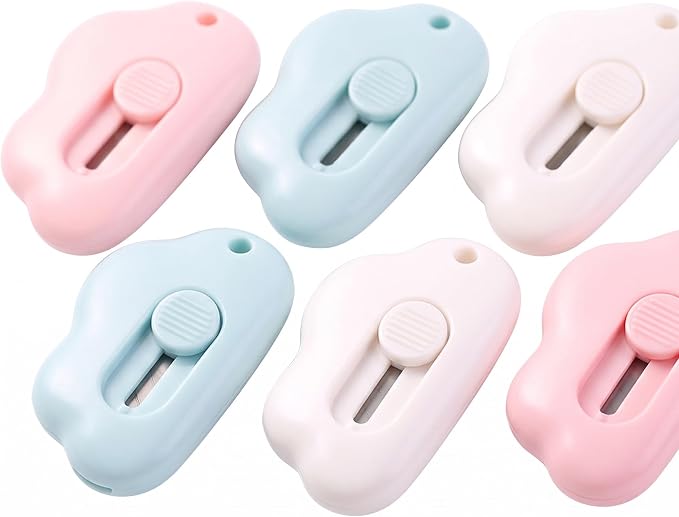 6 Pack Cloud Retractable Box Cutters Mini Package Openers | 6PCS cloud-shaped mini box cutters place compact package openers across home office desk craft travel or daily mail routines