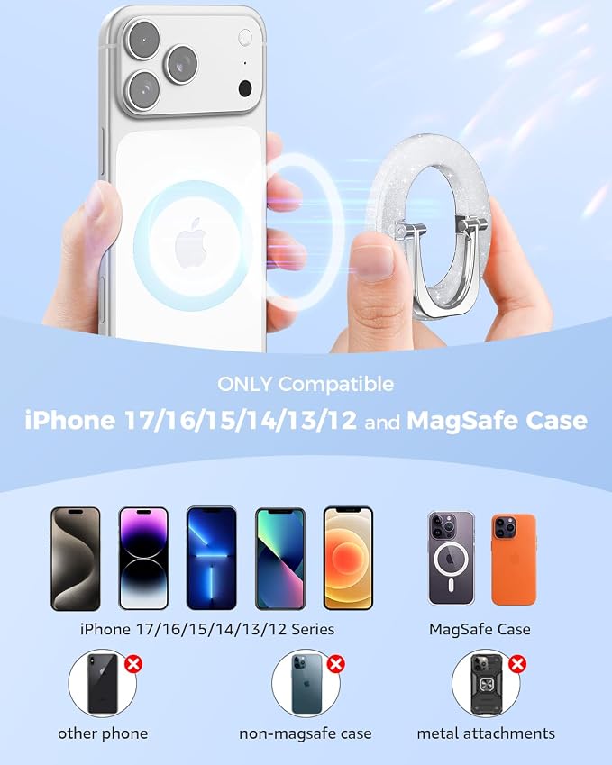 SUPERONE for MagSafe Phone Grip, Adjustable Magnetic Phone Ring Holder | Removable Phone Finger Ring Kickstand，Mag Safe Accessories Only for iPhone 17 - 12 Series, Mag Safe Case - Glitter Silver