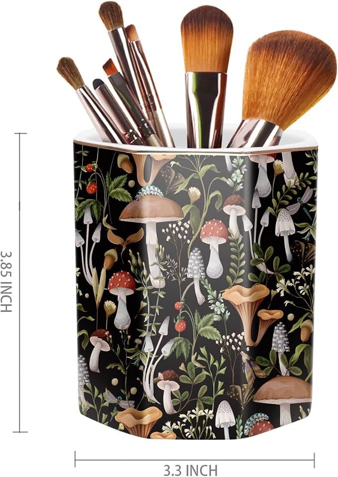 Cute Ceramic Pen Holder for Desk, Pencil Pen Cup, Makeup Brush Holder, Desktop Supplies and Accessories for Women, Pen Pencil Stationery for Office Home Art Supply, Mushrooms Pattern