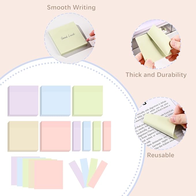 BAYTORY 6 Pads Pastel Sticky Notes, Memo Self-Stick Note (3x3 & 3x0.7 in) | Index Tabs Easy to Post for School Office Notebook