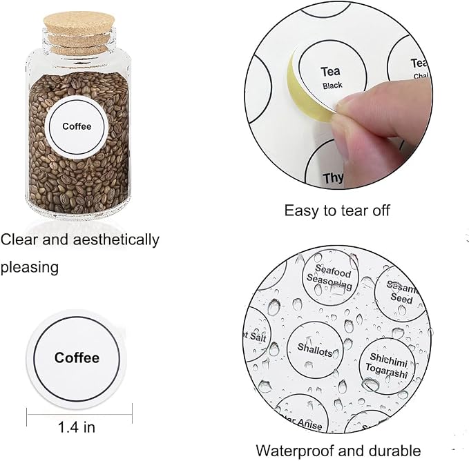 Spice Labels, 432Pcs Spice Labels Stickers 1.4in Waterproof Adhesive Round Preprinted Spice with Blank Label White Tear Resistant Sticker for Kitchen Jars Caps Food Containers Organizers (White)