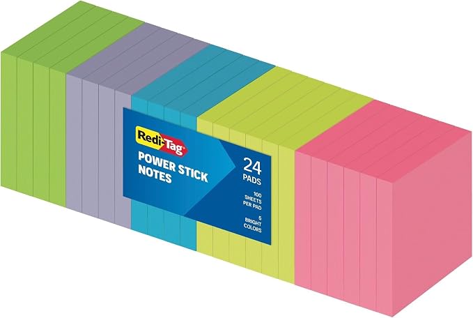Redi-Tag Sticky Notes, Power Stick Notes, Adhesive Reminders, 3" x 3" Reusable, Strong Adhesive Memos, Assorted Bright Colors, (1000978) (Pack of 192)