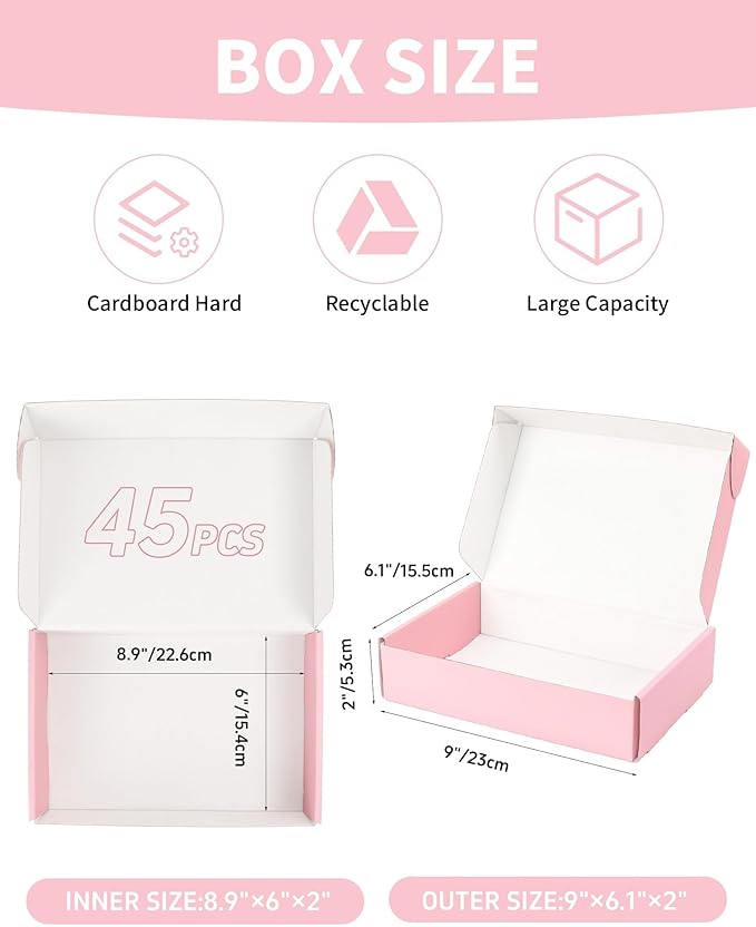 9x6x2 Inch Pink Shipping Boxes 45 Pack, Small Cardboard Boxes for Packaging Small Business