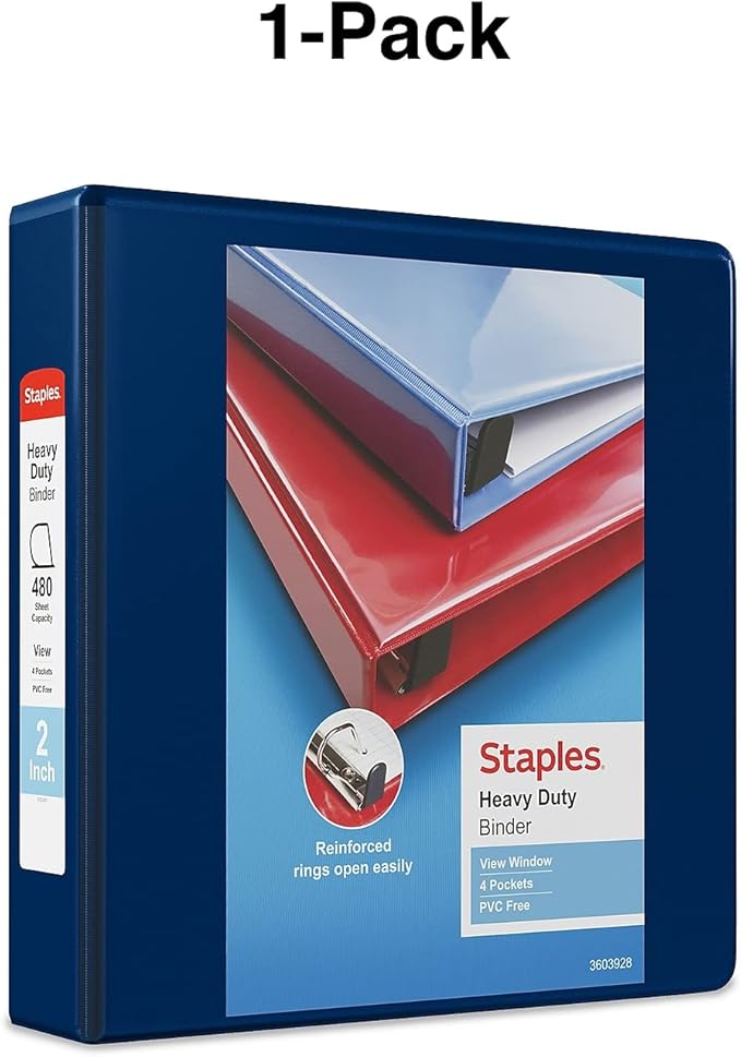 Staples Heavy‑Duty View Binder, 2" D‑Ring, Blue, Reinforced Spine, Durable 3‑Ring Binder for School, Office & Classroom Use