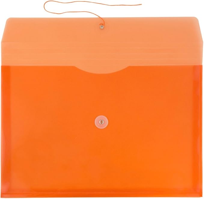 JAM PAPER Plastic Envelopes with Button & String Tie Closure - Letter Booklet - 9 3/4 x 13 - Orange - 12/Pack