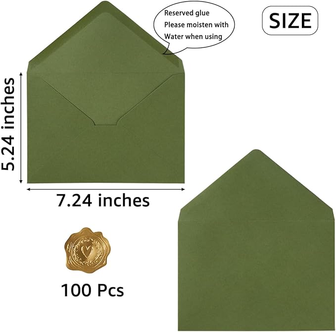 100 Pieces A7 Envelopes Colorful 5x7 Envelopes for Greeting Cards, Birthday, Weddings, Baby Shower Invitation Cards (Olive Green, 5.24 x 7.24 Inches)