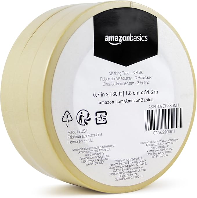 Amazon Basics Low Tack Masking Tape, General Purpose, Hand Tearable, Removes Easily, for Labeling, 0.7 inch x 180 feet, Beige, 3-Pack