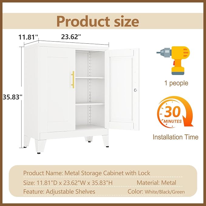 Metal Storage Cabinet, 2-Door Short Locker Cabinets Adjustable Shelf | Magnetic door surface for notes, Freestanding small storage cabinet with doors and shelves, multi-use storage