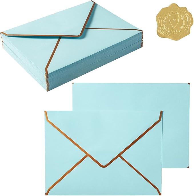 50 Pieces A7 Envelopes with Gold Border, 5.24 x 7.21 Inches Envelopes with Gold Stickers for Greeting Cards and Invitation (Light Blue, A7-5x7)
