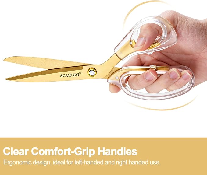SCAIKTIG 9" Acrylic Scissors, Office Scissors for Desk Gold, Clear Comfort-Grip Handles and Titanium Coated Blades, Sharp Scissors all Purpose Heavy Duty for Sewing, Art, Craft, School, Home Supplies