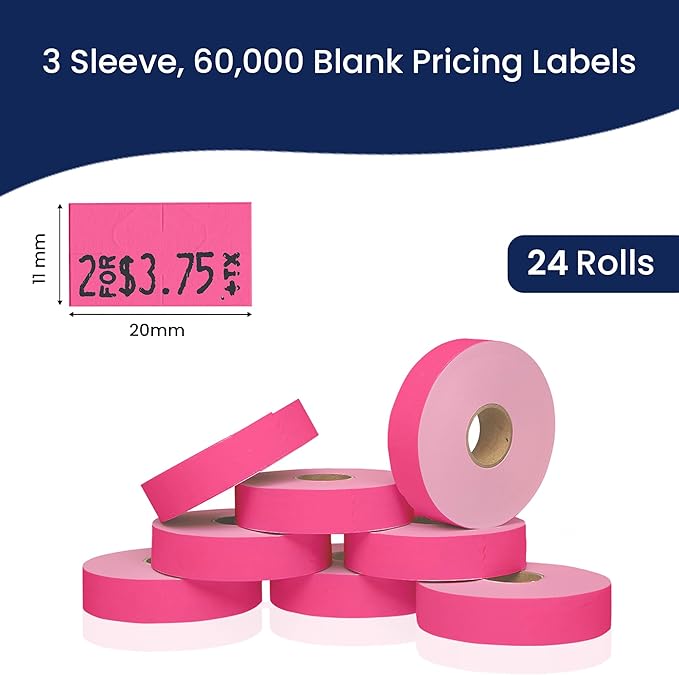 Fluorescent Pink Pricing Labels for Monarch 1131 Price Gun – 3 Sleeves, 24 Rolls Value Pack - 60,000 Price Marking Labels – with Ink Rolls Included