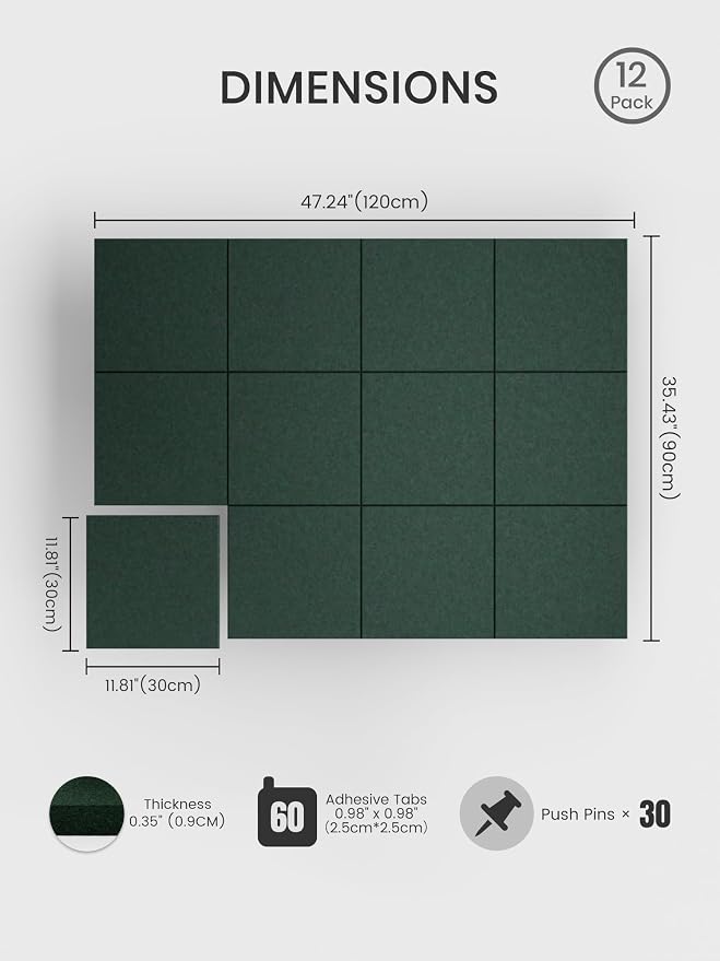 Bumusty 48" x 36" Large Cork Board Alternative, Pine Green | 12-Pack Felt Bulletin Board Tiles, 60 Adhesive Tabs, 30 Pushpins, Home, Office, Classroom, Vision Board