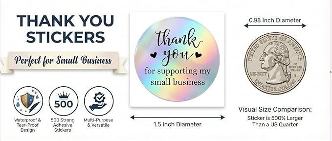 500 PCS Holographic Thank You for Supporting My Small Business Stickers – 1.5 Inch Round Self-Adhesive Waterproof Labels – Eye-Catching Packaging Seals for Orders, Gift Bags, Boxes & Envelopes