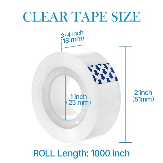 6 Rolls Clear Tape, Transparent Tape Refills for Dispenser | 1 Inch Core,3/4 x 1000 Inches per roll,Strong Adhesive for Gift Wrapping, Office, School, Home, Desk Supplies & Crafts