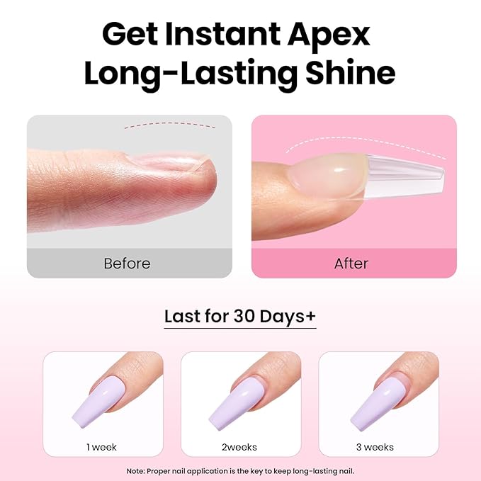 Beetles Tipex Instant Apex Nail Tips Kit with Dehydrator & Primer, Medium Coffin, 224PCS 16 Sizes, Reinforced Apex for Strong Long-Lasting Wear, 20g Solid Nail Glue, Mini UV Lamp, Base & Top Coat