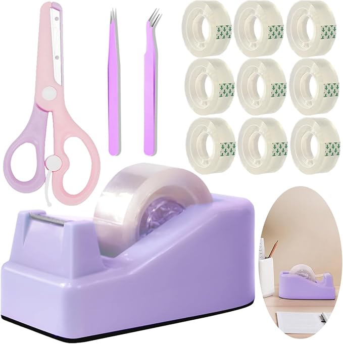 Desktop Tape Dispenser Kits with Weighted Nonskid Base Tape Dispenser- Includes 9 Rolls of Transparent Tape(0.71 Inch x 500 inches Each) & Pink Scissors, 2 Pcs Tweezers (Purple)