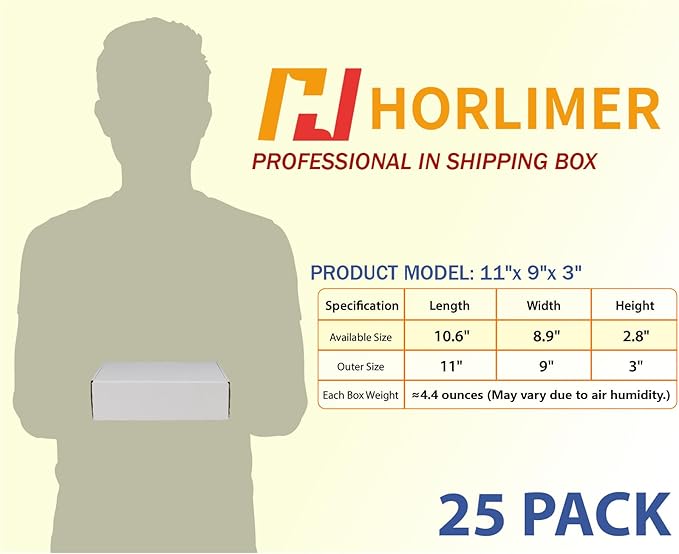 HORLIMER 11x9x3 inches Shipping Boxes Set of 25, White Corrugated Cardboard Box Literature Mailer