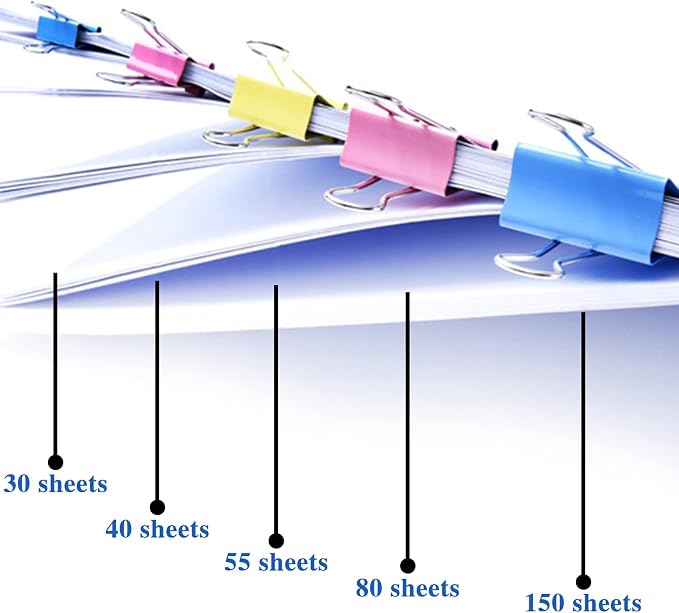 OWLKELA 100 Pcs Binder Clips, Assorted Sizes, Multicolor | Metal Paper Clamps, Paper Binder Clip, Ideal for Office, Home and School Supplies