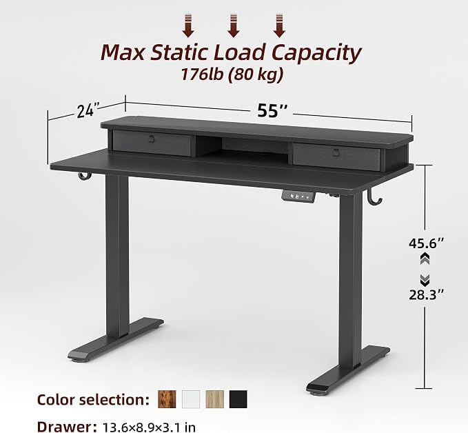 TIQLAB Standing Desk with Two Drawers, Stand Up Standing Desk Adjustable Height, Electric Sit Stand Table with Storage Shelf and Splice Board, 48 * 24 inch, Black