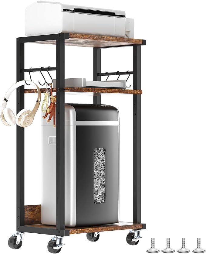 YMYNY 3-Tier Mobile Printer Stand 32.28*17.32*11.81" Rustic Brown HPT002H | Printer Cart with Adjustable Storage Shelf & 6 S-Hooks Tall Printer Table for Home Office,for Computer Tower Stand,Shredder