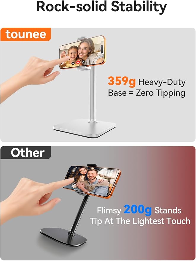 tounee Phone Stand for Desk, 8-11" Height Adjustable Cell Phone Holder for Live Streaming, Video Recording, TikTok – Compatible with iPhone 17/16/15, Samsung, All 4-7" Smartphones -White